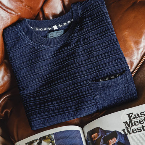 Retro Indigo Jacquard T-Shirt – Men’s Textured Knit Summer Tee